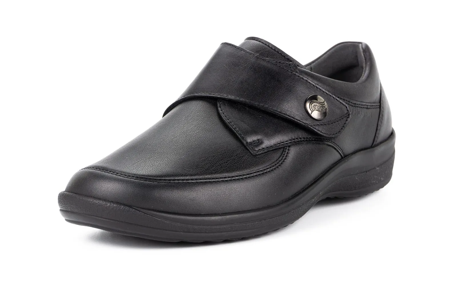 Schwarze Nappa Stretch Schuhe MURIEL in Weite K, seitlich auf einem weißen Hintergrund abgebildet. Ideal für Stil und Komfort.